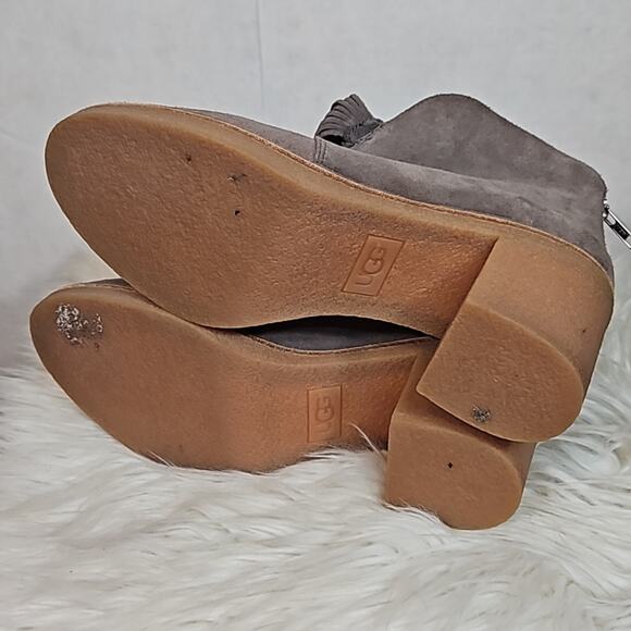 UGG Women's Grey Suede Corin Ankle Bootie with Fringe Bow - Picture 6 of 9